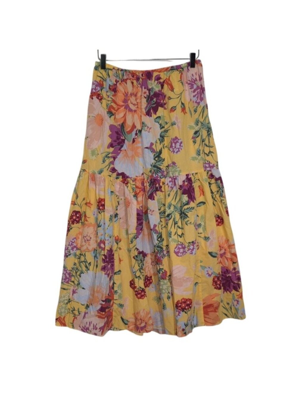 H&M Floral Maxi Skirt Womens Size Medium Butter Yellow Flowy Tiered Pull On